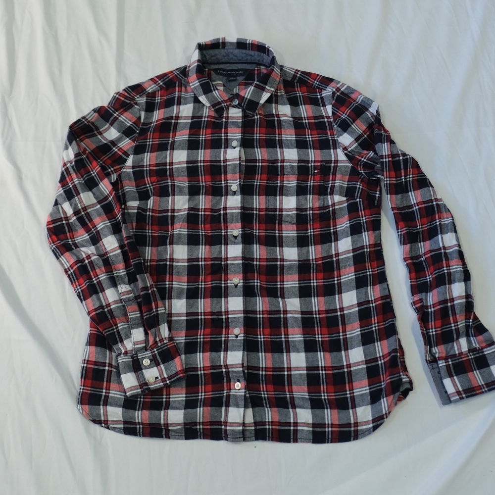 Tommy Hilfiger Men's Red, Black, and White Plaid Shirt